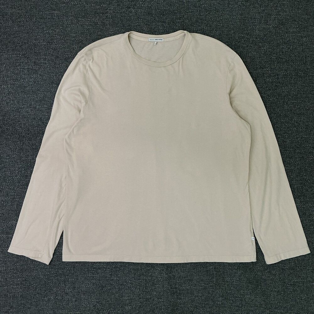 James Perse Standard Crew Neck Long Sleeve Shirt Beige Cotton Top Size 4 / XL